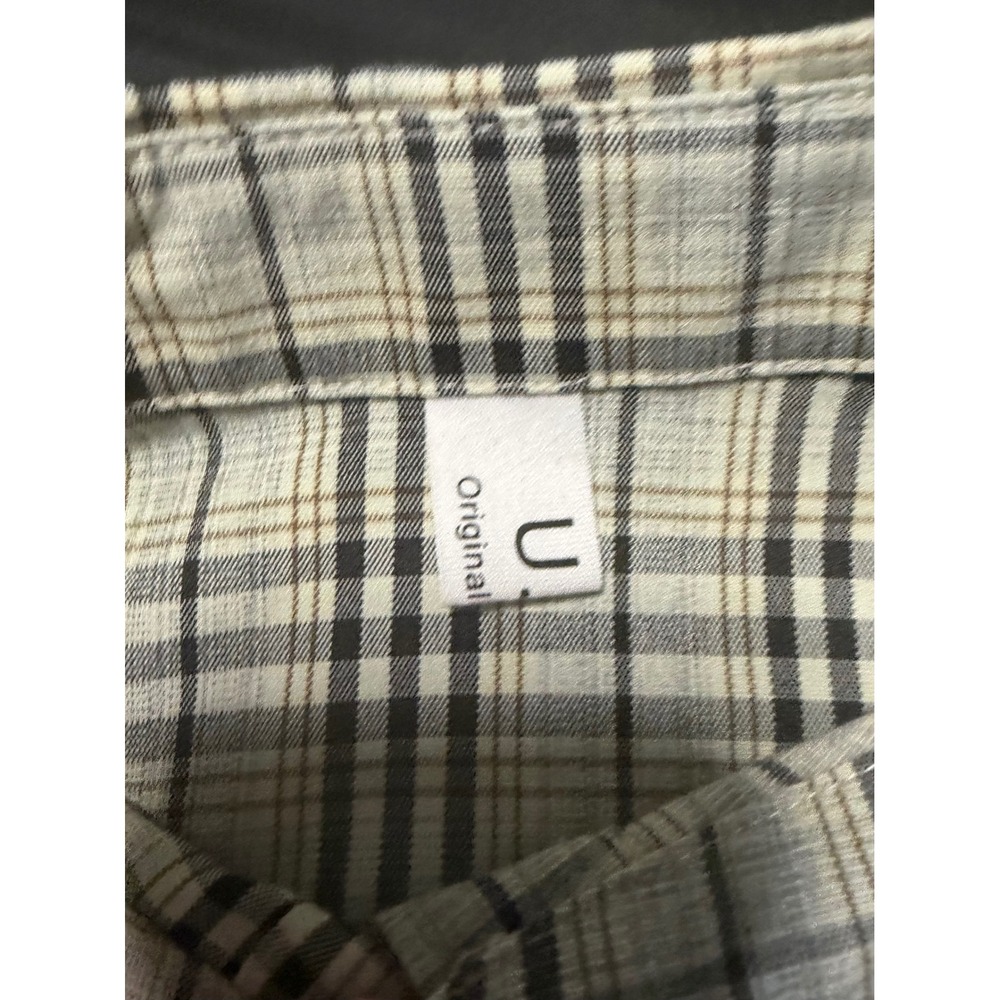 Plaid Cropped Shirt Neutral Check Boxy Button Up Y2K Grunge Aesthetic Sz S EUC - Picture 5 of 8